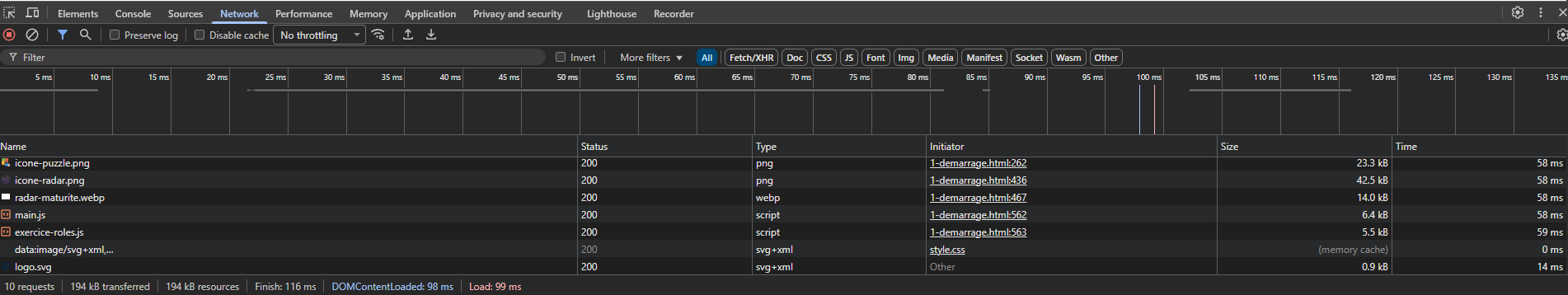 Capture d'écran de l'onglet Réseau de la Console Développeur montrant le nombre de requêtes et le poids transféré