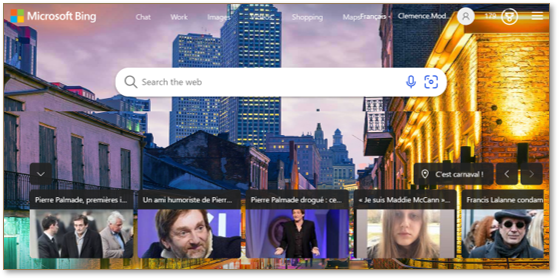 Interface chargée du moteur de recherche Bing
