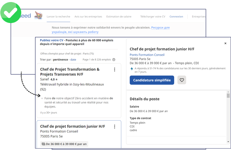Parcours de recherche d'emploi sur le site Indeed
