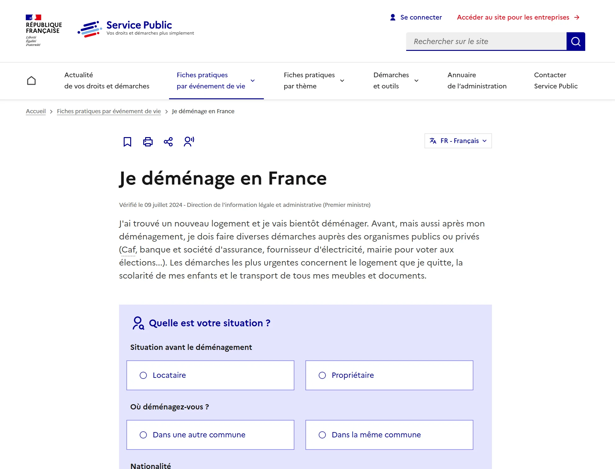 Capture d'écran de la page d'accueil de Service-Public.fr, montrant un design épuré